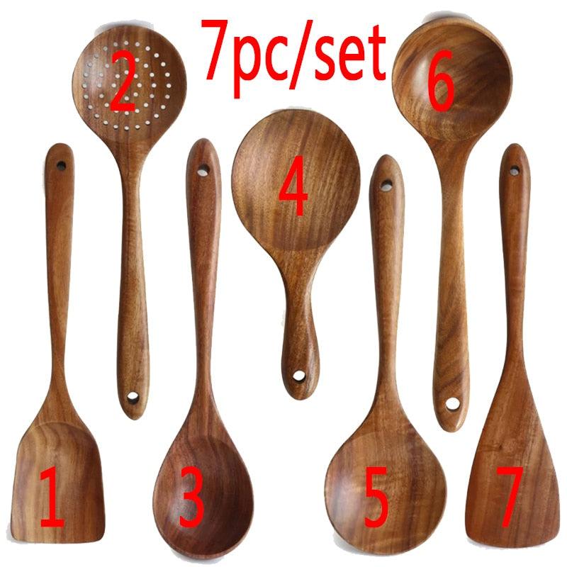 7pcs/set Teak Natural Wood Tableware Spoon - Varitique