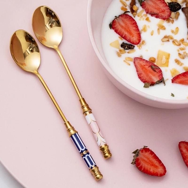 Stainless Steel Dessert Spoon Ceramic Long Handle - Varitique